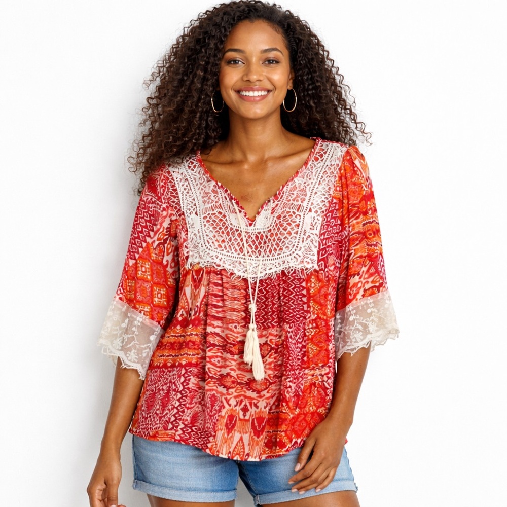 Valerie Stevens Boho Peasant Blouse Lace Trim Patchwork Coral Orange PL